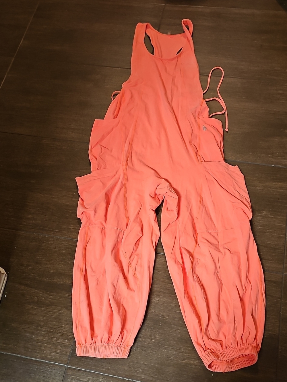 Free People Coral Cargo Jumpsuit With Blue Paint Spots